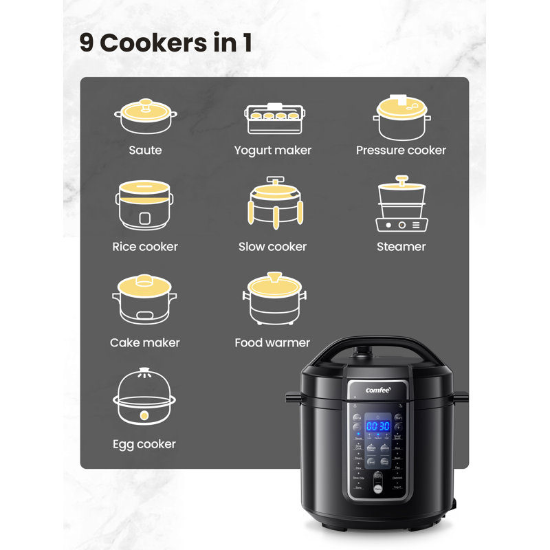 COMFEE' 9 in 1 Electric Pressure Cooker Rice Slow Cooker Olla de Presion 6QT 14 Presets 24H